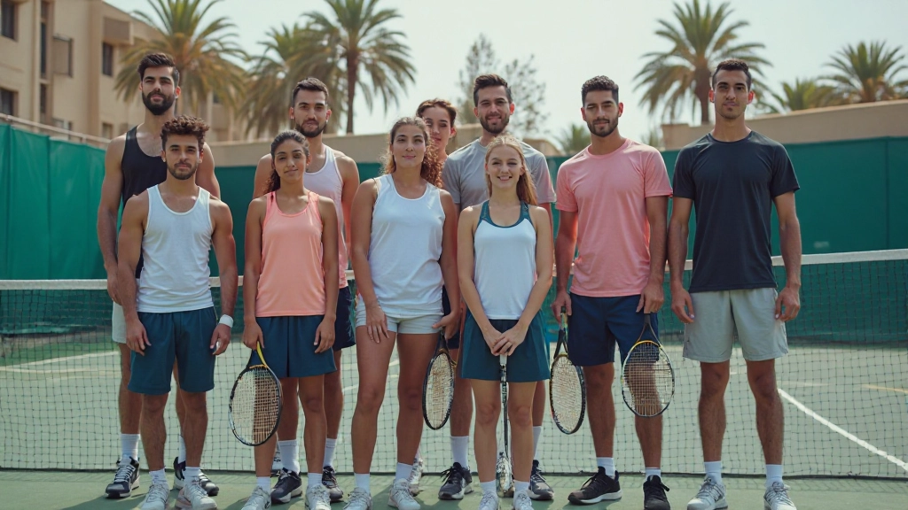 فريق تنس متنوع يقف معاً بروح الفريق على الملعب