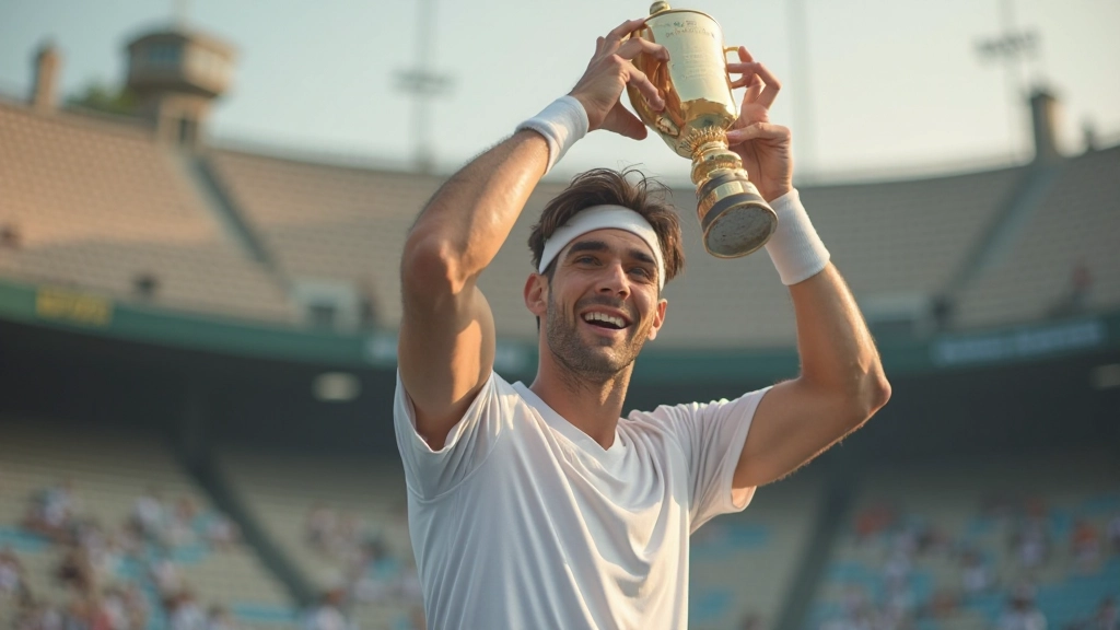 لاعب تنس شاب يرفع كأس البطولة الإقليمية مع الجمهور في الخلفية