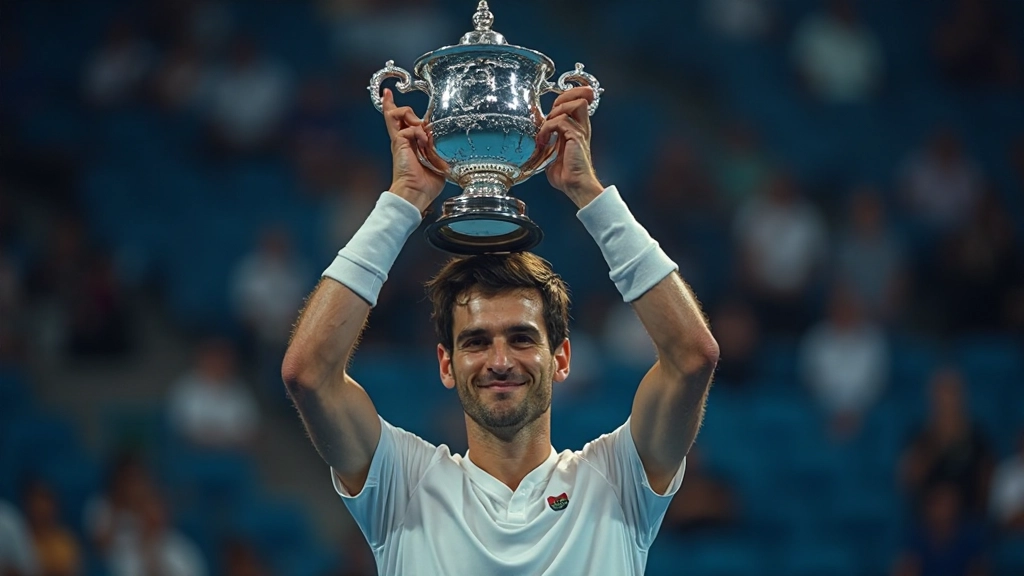 لاعب تنس يرفع الكأس بعد الفوز في النهائي