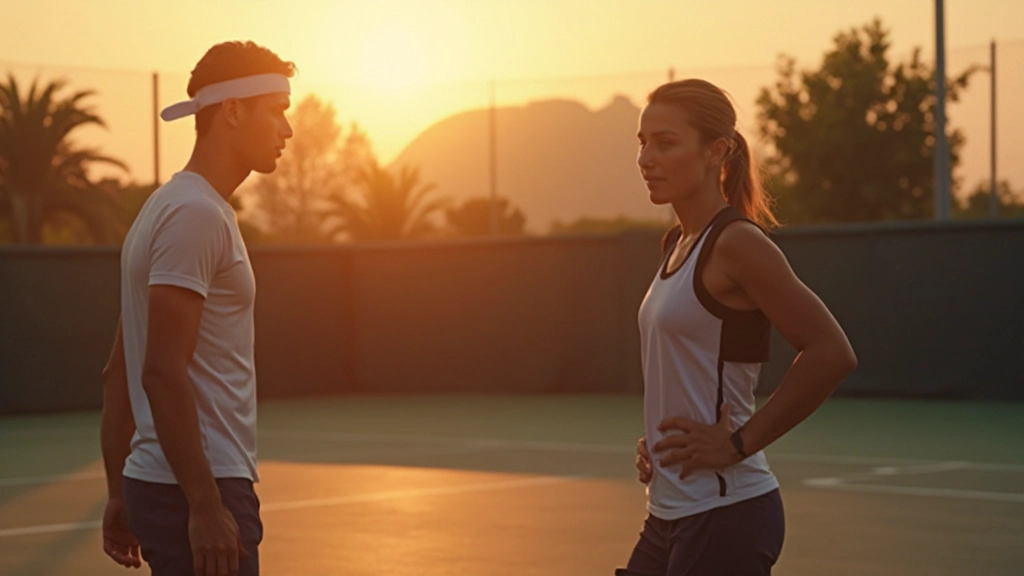 لاعبو تنس يستعدون على ملعب احترافي مع شمس الغروب في الخلفية