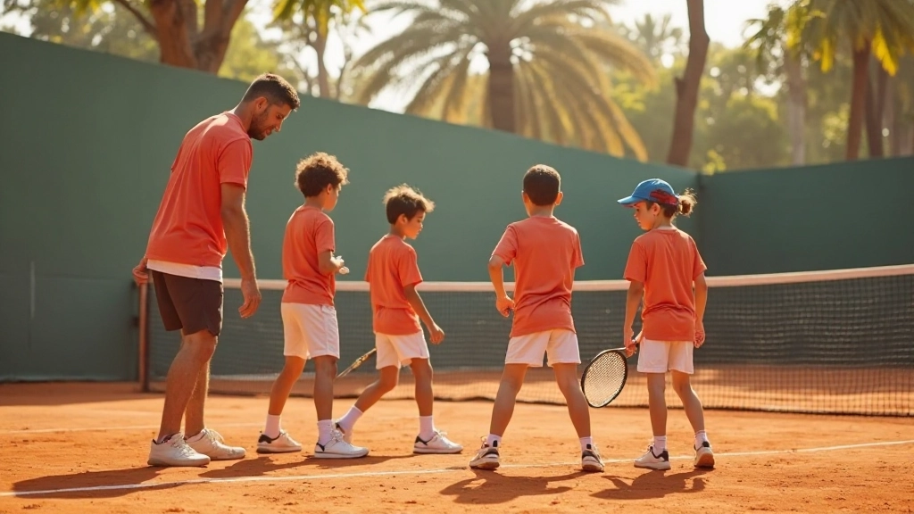 جلسة تدريب تنس مع لاعبين شباب والمدرب
