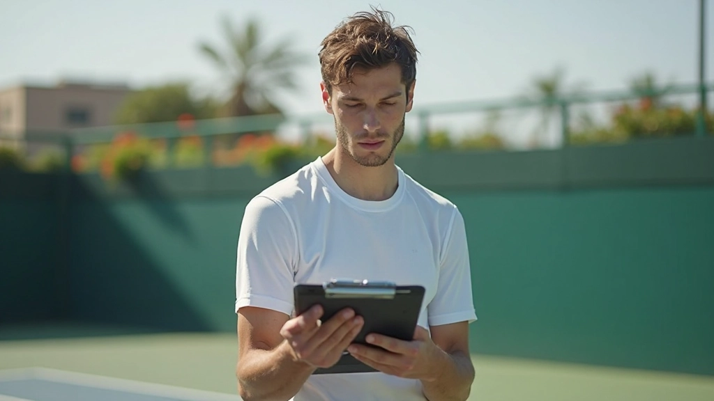 لاعب تنس يدرس استراتيجية اللعب على ملعب تدريب احترافي